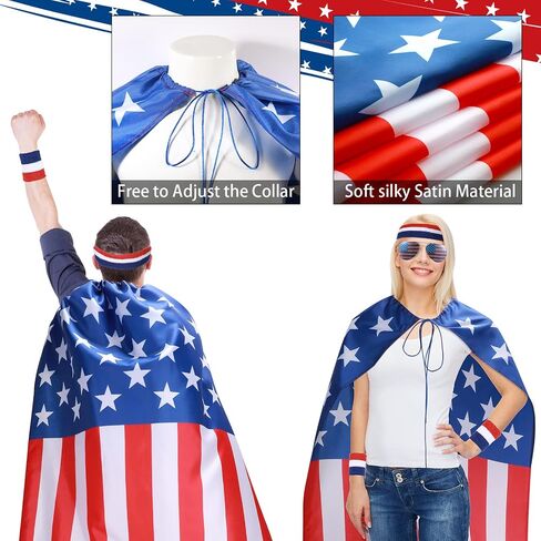 Eurzom 14 Pcs American Flag Costume Set Patriotic Cape USA Flag Sunglasses Wristband Socks Headband and Temporary Tattoos 4th of July Accessories for Independence Day Celebration in Saudi Arabia