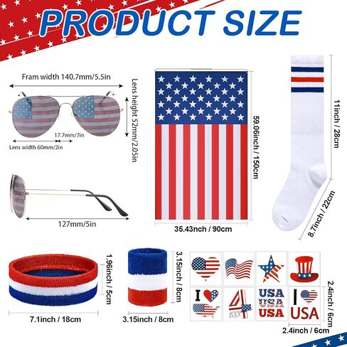 Eurzom 14 Pcs American Flag Costume Set Patriotic Cape USA Flag Sunglasses Wristband Socks Headband and Temporary Tattoos 4th of July Accessories for Independence Day Celebration in Saudi Arabia