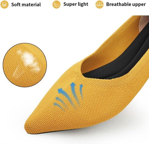 أحذية JBB النسائية المسطحة بمقدمة مدببة أحذية الباليه المحبوكة بكعب منخفض سهلة الارتداء للمشي فستان كاجوال بدون كعب أصفر 9.5 in Kuwait
