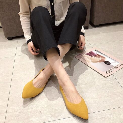 أحذية JBB النسائية المسطحة بمقدمة مدببة أحذية الباليه المحبوكة بكعب منخفض سهلة الارتداء للمشي فستان كاجوال بدون كعب أصفر 9.5 in Kuwait