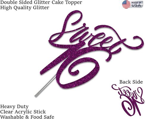 Sweet 16 Glitter Cake Topper, Sixteen Birthday Party Decorations Ideas, Premium Quality Decoration, Sturdy Doubled Sided Glitter, Acrylic Stick. Made in USA (Red) in Saudi Arabia