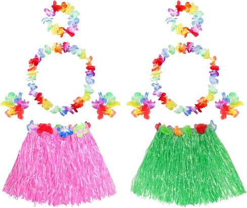 2 Sets Elastic Hawaiian Hula Grass Skirt Costume Set with Flower Leis Bracelets Headband Necklace for Beach Women in Saudi Arabia