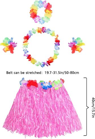 2 Sets Elastic Hawaiian Hula Grass Skirt Costume Set with Flower Leis Bracelets Headband Necklace for Beach Women in Saudi Arabia