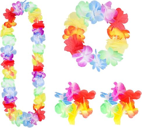 2 Sets Elastic Hawaiian Hula Grass Skirt Costume Set with Flower Leis Bracelets Headband Necklace for Beach Women in Saudi Arabia