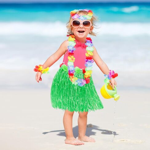 2 Sets Elastic Hawaiian Hula Grass Skirt Costume Set with Flower Leis Bracelets Headband Necklace for Beach Women in Saudi Arabia
