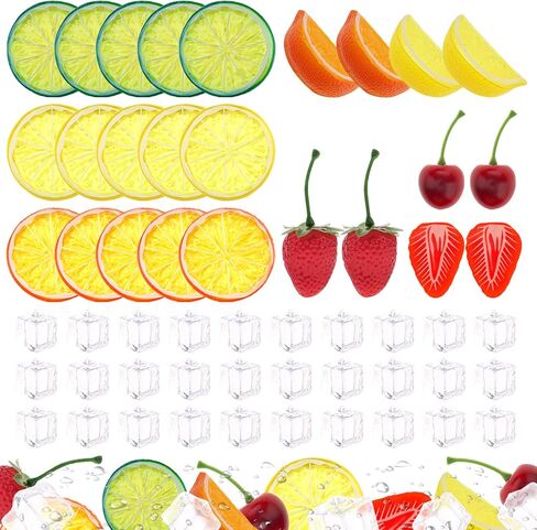 Gresorth 135pcs Fake Mix Fruit Decoration Artificial Strawberry Apple Lemon Kiwi Slice Realistic Watermelon Block Lifelike Cherry Raspberry Ice Cube Model in Saudi Arabia