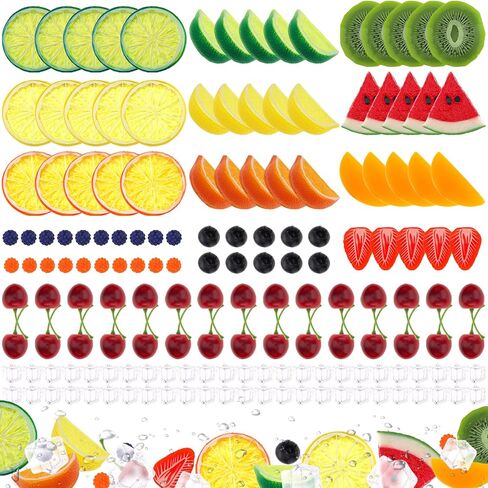 Gresorth 135pcs Fake Mix Fruit Decoration Artificial Strawberry Apple Lemon Kiwi Slice Realistic Watermelon Block Lifelike Cherry Raspberry Ice Cube Model in Saudi Arabia