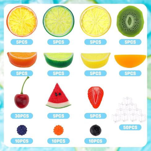 Gresorth 135pcs Fake Mix Fruit Decoration Artificial Strawberry Apple Lemon Kiwi Slice Realistic Watermelon Block Lifelike Cherry Raspberry Ice Cube Model in Saudi Arabia