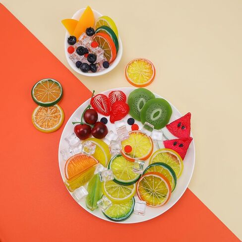 Gresorth 135pcs Fake Mix Fruit Decoration Artificial Strawberry Apple Lemon Kiwi Slice Realistic Watermelon Block Lifelike Cherry Raspberry Ice Cube Model in Saudi Arabia