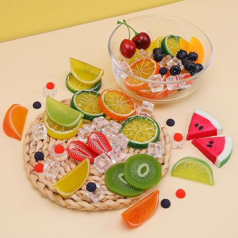 Gresorth 135pcs Fake Mix Fruit Decoration Artificial Strawberry Apple Lemon Kiwi Slice Realistic Watermelon Block Lifelike Cherry Raspberry Ice Cube Model in Saudi Arabia