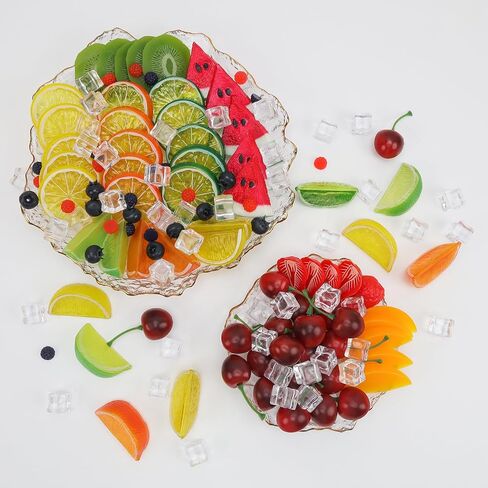 Gresorth 135pcs Fake Mix Fruit Decoration Artificial Strawberry Apple Lemon Kiwi Slice Realistic Watermelon Block Lifelike Cherry Raspberry Ice Cube Model in Saudi Arabia