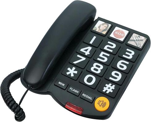هاتف بزر كبير لكبار السن، هاتف سلكي TelPal، هاتف أرضي، هاتف سلكي بدون استخدام اليدين مع SOS بلمسة واحدة مناسب للمنزل/المكتب/المكتب الأمامي/الفندق، هاتف أرضي سلكي (أسود) in Kuwait