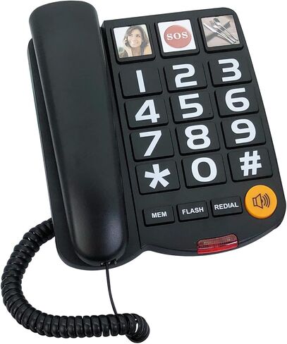 هاتف بزر كبير لكبار السن، هاتف سلكي TelPal، هاتف أرضي، هاتف سلكي بدون استخدام اليدين مع SOS بلمسة واحدة مناسب للمنزل/المكتب/المكتب الأمامي/الفندق، هاتف أرضي سلكي (أسود) in Kuwait