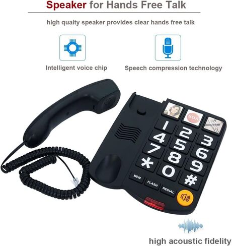 هاتف بزر كبير لكبار السن، هاتف سلكي TelPal، هاتف أرضي، هاتف سلكي بدون استخدام اليدين مع SOS بلمسة واحدة مناسب للمنزل/المكتب/المكتب الأمامي/الفندق، هاتف أرضي سلكي (أسود) in Kuwait