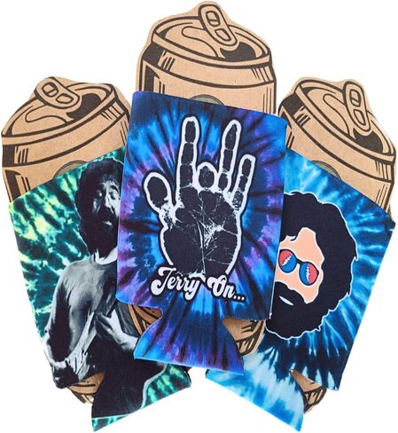 Grateful Jerry Garcia Coozie SET of 3 Tie Dye Regular or Slim Can Bottle Drink Huggie Cooler Hilarious Dead Head Gift Gag Party Favors Music Festival Jam Band Rock and Roll Keepsakes (Regular Can) in Saudi Arabia