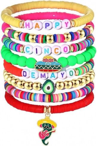 Holiday Heishi Surfer Bracelet Set for Women Girl Rainbow Pride Month Cinco De Mayo Juneteenth Independence Day Beaded Stretch Bracelet Polymer Clay Stackable Charm Bracelets Y2k Jewelry in Saudi Arabia