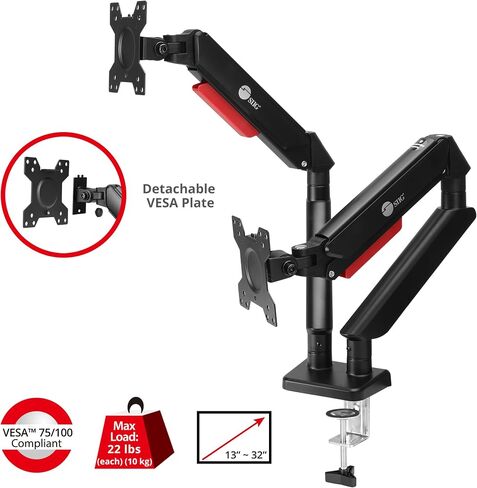 SIIG Dual Monitor Arm Stand for Desk - Fully Adjustable Gas Spring Mount Holds 22 lbs and 13-32 Inch Screens, VESA 75x75 100x100 with C-Clamp & Grommet (CE-MT3Y11-S1) in Saudi Arabia