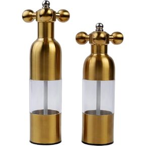 (Gold,2PCS) Salt, Pepper Modern Manual Grinder Set with Solid Handle - Stainless Steel Juego de Molinillo Dorado/Antique Faucet Shakers | Refillable Adjustable Coarseness Mill for BBQ Restaurant, Home