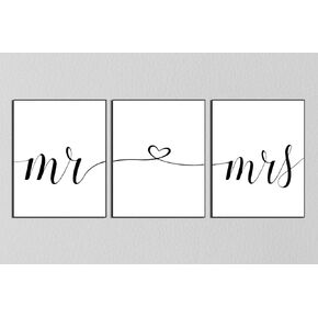 Set of 3 Romantic Mr and Mrs Wall Art Decor - Perfect for Couples' Headboard or Bedroom Decor - 11x14 inches, Unframed