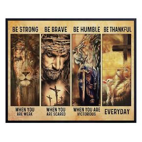 Religious Christian Wall Art - Be Strong Be Brave Motivational poster - God Wall Art & Decor - positive Inspirational quote Jesus Christ Wall Decor Poster - Christianity Faith Wall Decor - Lion Cross