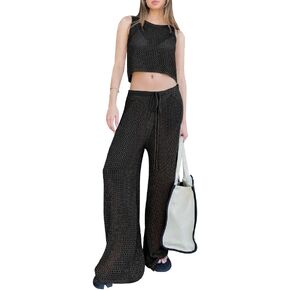Saodimallsu Womens 2 Piece Crochet Swimsuit Cover Up Sleeveless Crop Top Drawstring Long Pants Set Beach Outfits