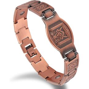 Men's Masonic Pure Copper Bracelet - Magnetic Bracelet - 9 inch Adjustable with 3000Gauss Magnets (Masonic 2)