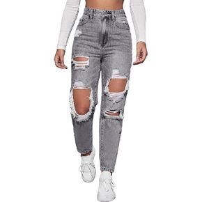 Floerns Women's High Waist Boyfriend Straight Leg Ripped Jeans Distressed Denim Pants Grey