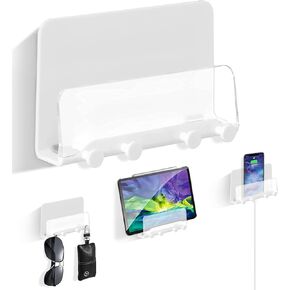 Clear Wall Mount Adhesive Phone Holder,Multi-Function Cell Phone Charging Brackets Holders,Hook for Living Room, Kitchen, Bathroom, Office,Compatible with Most Phones and Tablet