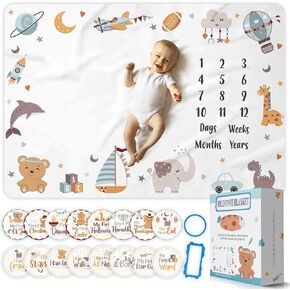 Monthly Milestone Blanket for Baby Boy, First 12 Months Growth Chart, Newborn Essentials, Large Size 60" x 40", Soft Fleece Photo Blanket, 16 Character Stickers