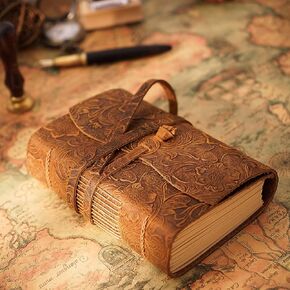 Leather Bound Journal, Vintage Leather Journals for Writing, 400 Pages Blank Kraft Paper, 6.5" x 4.5" Embossed Leather Sketchbook, Unlined Journal, Brown Handmade Notebook Gift for Women Men
