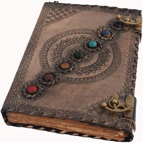 leather bound journal book of shadows vintage leather journal deckle edge paper antique spell book wiccan seven stone chakra journal unlined lock daily notebook sketchbook 10x7