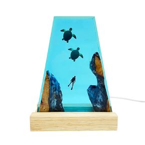 An atmospheric night light with simulated ocean scenery, two turtles, and diver. Artistic home decoration, deep-sea DIY small desk lamp, holiday gift, birthday gift handmade from resin solid wood.