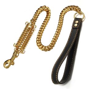 1ft, 2ft, 3ft Strong Gold Metal Cuban Curb Link Chain 14mm Stainless Steel Dog Safety Leash Buffer Spring Labor-Saving Genuine Leather Handle Dog Leash (Gold,24inch)