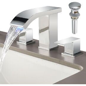 Bathroom Faucets Bathroom Faucet 3 Hole Waterfall Faucet Widespread Faucet Bathroom Vanity Faucet Bathroom Sink Faucet for 3 Hole with LED Light with Pop Up Drain and Supply Hose