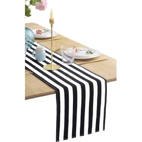 BOXAN Classic Black and White Striped Table Runner, Modern Stripes Pattern Elegant Cotton Canvas Table Top Decor for Art Deco Wedding, Bridal Shower, Bachelorette Party Decorations, 12'' X 48''