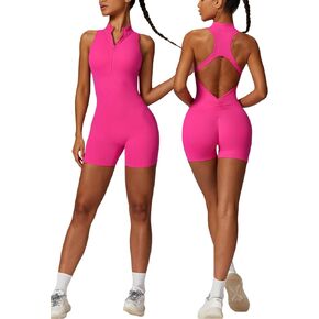 Womens Workout Rompers High Support Zip Up Backless Padded Sleeveless Scrunch Butt Shorts Jumpsuit