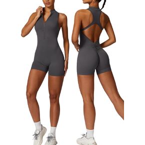 Womens Workout Rompers High Support Zip Up Backless Padded Sleeveless Scrunch Butt Shorts Jumpsuit