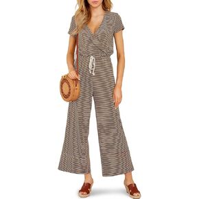 Tongmingyun Womens Casual Striped Jumpsuits Loose V Neck Short Sleeve Drawstring Wide Leg Long Pants Rompers