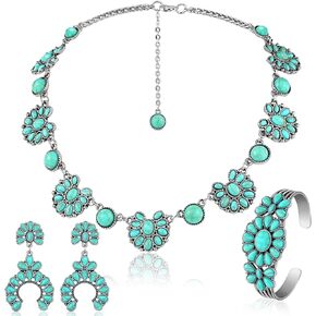 3 Pcs Turquoise Jewelry Set Women Bohemian Turquoise Jewelry Necklace Western Jewelry Set, Vintage Turquoise Dangle Earrings Bracelet Turquoise Pendant Necklace Set for Women Boho