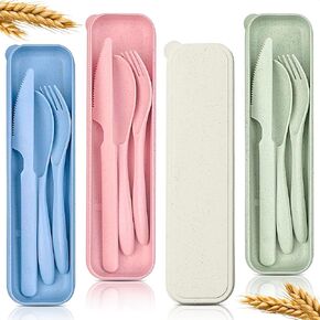 Reusable Travel Utensils Set with Case - 4Pcs Wheat Straw Travel Silverware Set with Case - Forks and Spoons Silverware Set Picnic Camping Utensils - Plastic Dinnerware Camping Tableware Set