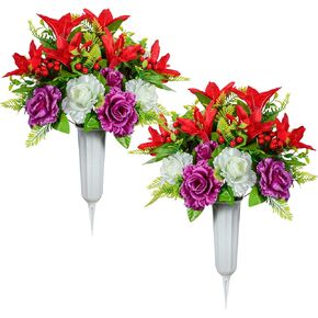 XONOR Artificial Cemetery Flowers, Artificial Grave Memorial Flowers with Vase for Cemetery Graveyard Decoration (Purple Flowers Bouquets, Set of 4)