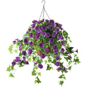 INQCMY Artificial Hanging Flowers in Basket Outdoor Indoor Patio Lawn Garden Decor, Centerpieces,Fake Silk Hanging Basket Morning Glories Flowers Plants with Coconut Lining Flowerpot (Blue)