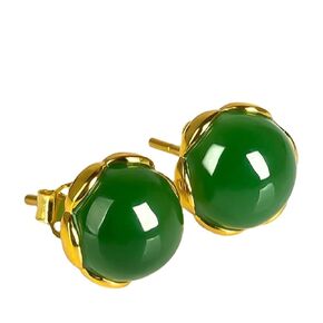 Rose Quartz Stone Stud Earrings Handmade Gemstone Earrings for Women 8MM Ball Agate Jade Earrings Handmade Sterling Silver Stud Earrings Minimal Moonstone Jewelry (Green)