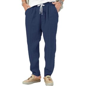 Mens Casual Linen Pants Lightweight Elastic Waist Drawstring Trousers Summer Beach Yoga Pants
