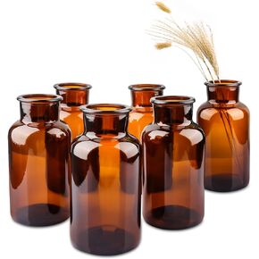 Set of 6 Amber Bud Vases, Small Glass Vases, Vintage Medicine Bottles Apothecary Jars with Brush, Flower Vases for Home Decor, Wedding Centerpieces