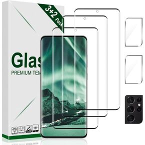 [3+2 حزمة] واقي شاشة Galaxy S21 Ultra + واقي عدسة الكاميرا، تغطية كاملة الوضوح، زجاج مقسى 9H، دعم بصمات الأصابع بالموجات فوق الصوتية، مضاد للفقاعات، منحني ثلاثي الأبعاد عالي الدقة لهاتف Samsung S21 Ultra (6.8 بوصة) in Kuwait