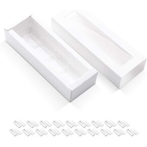 20 Truffle Boxes, Chocolate Boxes, White Candy Boxes with 4-Piece Plastics Tray (Tray Size with 5.75x1.25 Inches), Pull Out Packing with Clear Window Sleeves, White