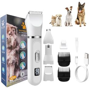 Dog Clippers Grooming Kit with 4 Cutter Heads, Hair Clipper- Super Quiet Paw Trimmer- Rechargeable - Cordless Waterproof Nail Grinder Shaver for Dog and Cats (White) in Kuwait