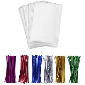 200 Clear Treat Bags 5x11 with Twist Ties 6 Mix Colors - 1.4mils Thickness OPP Plastic Poly Gift Bags (5'' x 11'')