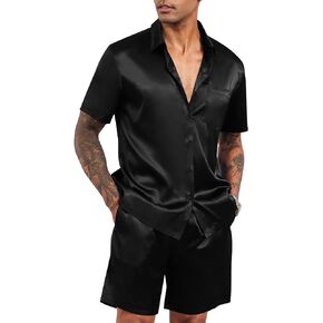 LecGee Men's Satin Dress Shirt and Shorts 2 Piece Outfits Lapel Short Sleeve Button Tracksuit Luxury Set Prom Club Party